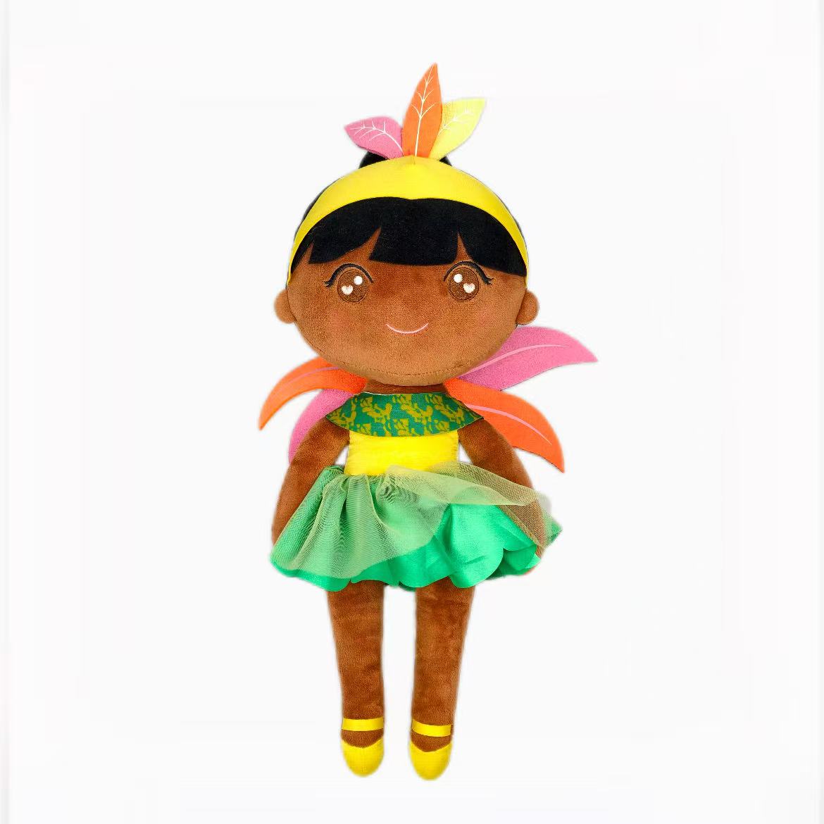 Cute Brown Skin Tropical Leaf Fairy Plush Doll | Soft Stuffed Rag Doll Gift for Girls