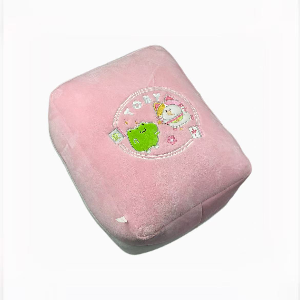 Cartoon mahjong theme pink throw pillow, frog and white mouse embroidered cushion, soft plush sofa, bedside rest pillow for midday rest