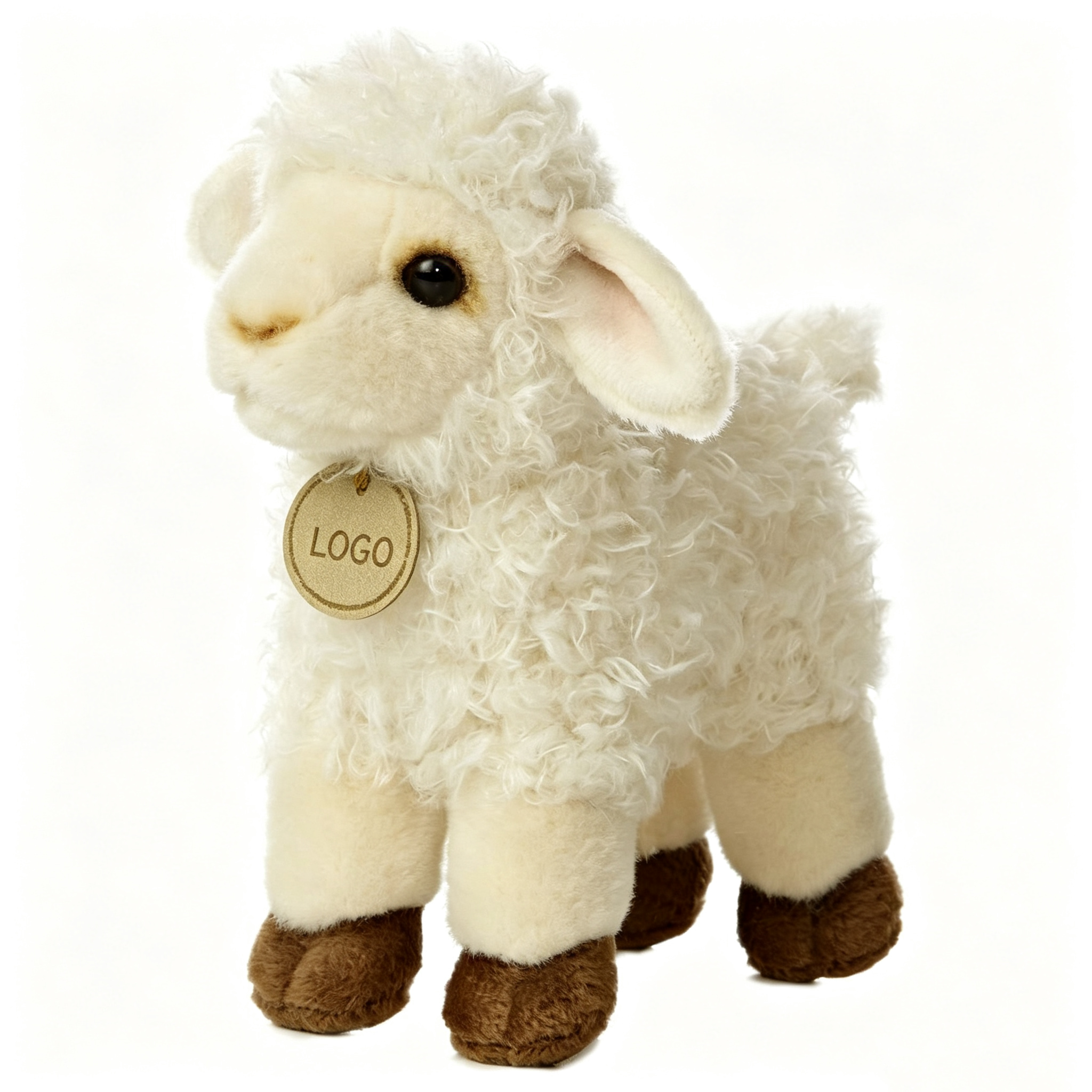 Simulated curly little sheep plush toy, cute white sheep figurine, children's soothing farm animal gift, customizable LOGO tag