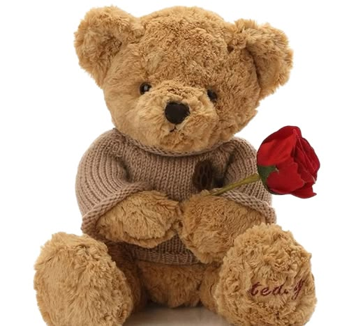 Teddy Bear with Rose, Soft Plush Bear in Knit Sweater, Valentine’s Gift Stuffed Animal